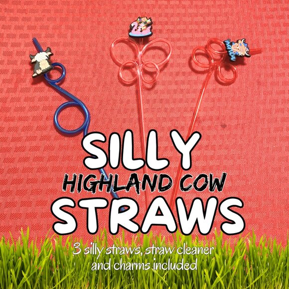 Silly Highland Cow Straw Bundle of 3 - BLUE, PINK & RED - Picture 1 of 4